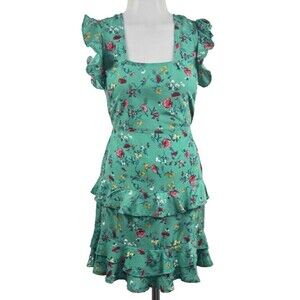 BOG Lottie & Holly Green Floral Boho Tiered Ruffle Mini Sleeveless Dress NWT XS